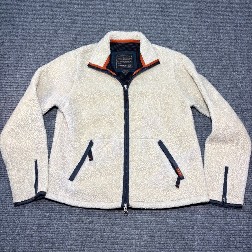 Abercrombie Mens Sherpa Fleece Jacket Cream Full Zip Deep‎ Pile Vintage Large